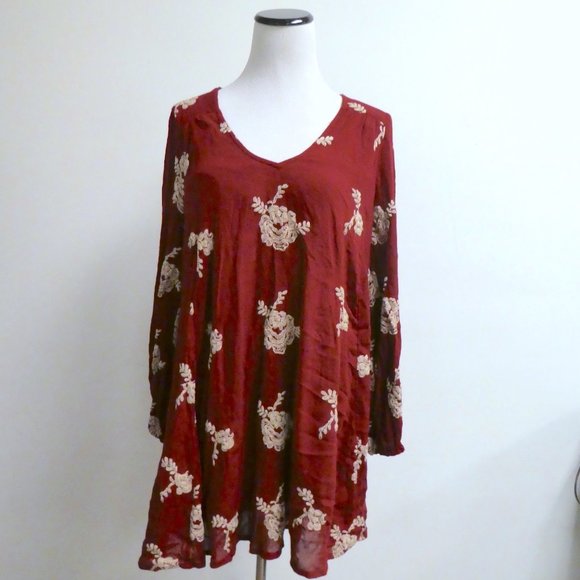 FREE PEOPLE red EMBROIDERED EMMA open back SWING long sleeve mini tunic DRESS M - Picture 2 of 7
